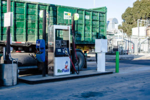 A waste management truck fills up at ReFuel Energy’s Sacramento Station. Waste Management has a large RNG and CNG fleet.